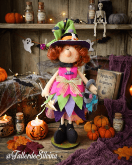 Brigid, la Brujita Curiosa – Kit Decoración Pequeña de Halloween en Paño Lency
