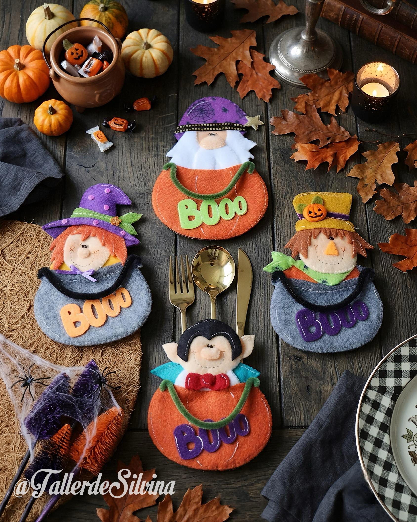 Porta Cubiertos "¡Boo! a la Mesa" – Kit Decoración para Mesa de Halloween en Paño Lency