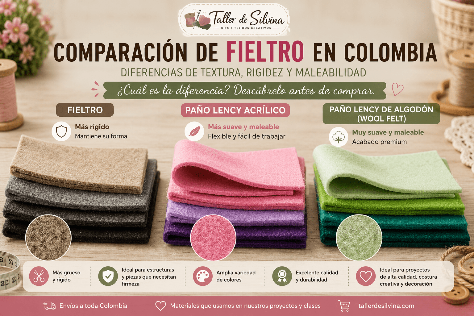 Comparación de Fieltro en Colombia: Paño Lency, Paño Lency de Algodón (Wool Felt) y otros tipos de fieltro para manualidades